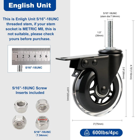 Tough As Nails 3 Inch Lockable Swivel Casters With Dual Brakes And Silky Smooth Rolling Nylon Wheels for Utility Carts with 5/16-18 UNC stems.