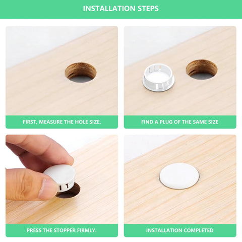 Installation steps for 210 Piece White Plastic Screw Hole Plugs For Round Holes Nylon Panel Knockout Flush End Caps on wooden surface