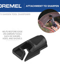 Attachment for 675 garden tool sharpener with Dremel tool and circular inset of tool in use, sharpening garden equipment