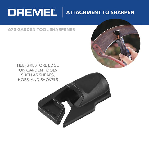 Attachment for 675 garden tool sharpener with Dremel tool and circular inset of tool in use, sharpening garden equipment