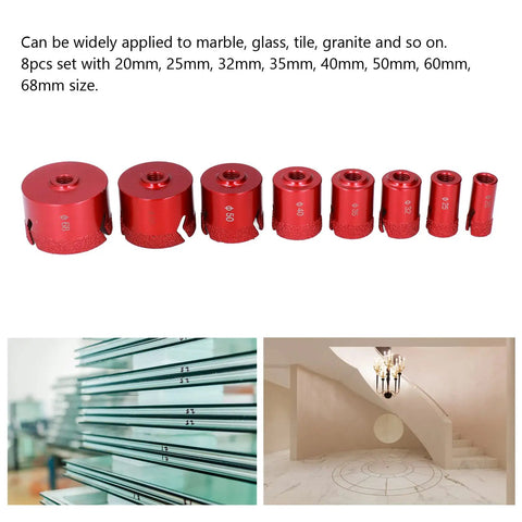 Eight Piece Diamond Hole Saw Drill Bit Set With M14 Thread For Glass Tile Marble Granite Ceramic Dry Drilling Kit Ranging From 20Mm To 68Mm, 8 red bits