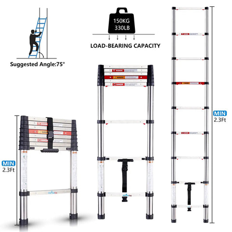 Stainless Steel Telescoping Ladder 8.5 Ft With One Button Retraction And No Wobble Safe Slow Down Mechanism Portable Extension Ladder For Home Office Shed ANSI Certified 330 Lb Capacity shown in compact and extended positions