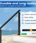 Rectangular Black Aluminum Cable Railing Handrail For Decks Badass Strength And Slick Matte Finish Rock Solid Frame in coastal setting.