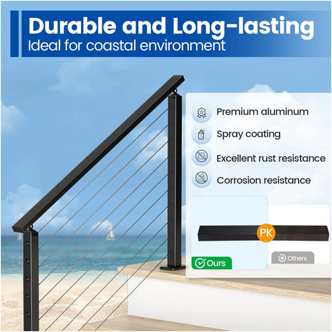 Rectangular Black Aluminum Cable Railing Handrail For Decks Badass Strength And Slick Matte Finish Rock Solid Frame in coastal setting.