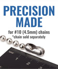 Number 10 B-Type Connector 100 Pack Stainless Steel For Beaded Ball Chain next to ruler emphasizing precision for 4.5mm chains