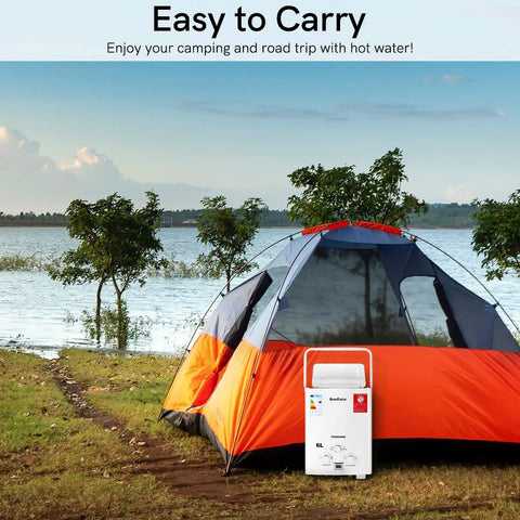 Portable Tankless Gas Water Heater 6L 1.59GPM LPG Propane Butane For Outdoor Use RV Camping And Cabin White next to orange tent