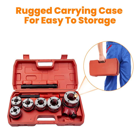 Pipe Threader Kit With 6 Dies 1/4, 3/8, 1/2, 3/4, 1, 1-1/4 Inch Manual Ratcheting Threading Tool Set in red carrying case