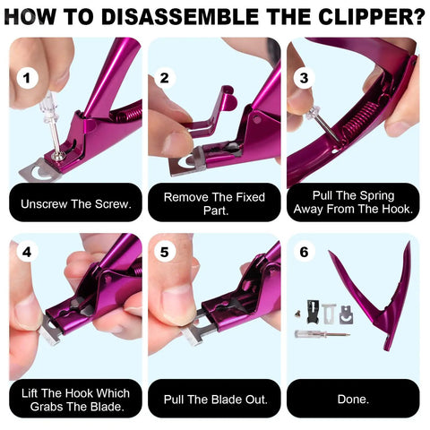 Disassembly instructions for Premium Adjustable Nail Clippers With Magnets And Sizers For Acrylic Nails.