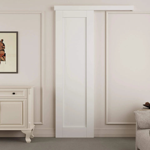 Sliding Barn Door With Hardware Kit, White Primed Solid Manufactured Wood Panel, Durable Track System, DIY Friendly Install