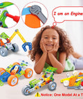 Smiling child with Totally Fun 10 In 1 STEM Building Set For Kids Ages 4 To 8 A 167 Piece Creative Engineering Kit elements.