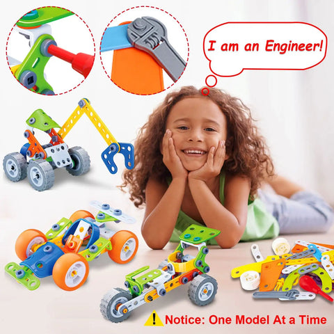 Smiling child with Totally Fun 10 In 1 STEM Building Set For Kids Ages 4 To 8 A 167 Piece Creative Engineering Kit elements.