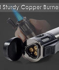 Close-up of 2 Pack Torch Lighters With Triple Jet Flame, showing copper burners and blue flame with open safety cap.