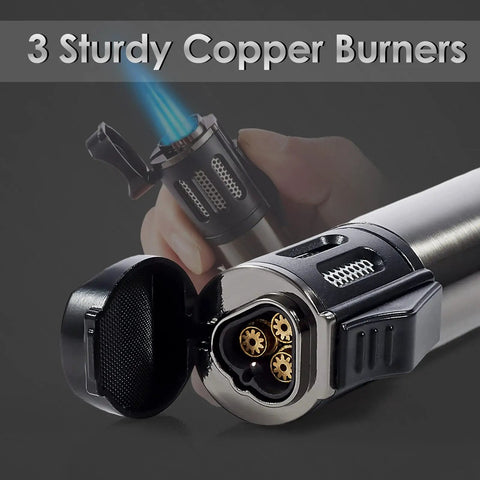 Close-up of 2 Pack Torch Lighters With Triple Jet Flame, showing copper burners and blue flame with open safety cap.