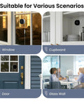 No Drill Window Camera Kit 2K 2 Pack With Dual Band WiFi Two Point Four GHz And Five GHz Dome Cameras installed on window, door, cupboard, and glass wall for indoor and outdoor use.