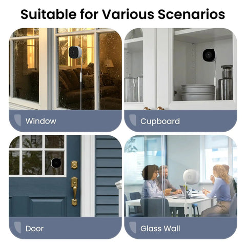 No Drill Window Camera Kit 2K 2 Pack With Dual Band WiFi Two Point Four GHz And Five GHz Dome Cameras installed on window, door, cupboard, and glass wall for indoor and outdoor use.