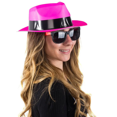 Woman wearing Neon Fedora Party Hats And Sunglasses Set For 80s Gangster Theme, Glow Party Accessories