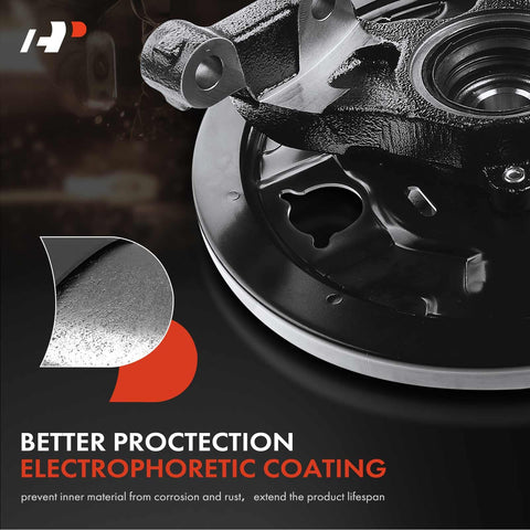 Close-up of rear left steering knuckle and wheel bearing hub assembly with electrophoretic coating for Subaru Forester 2001-2008.
