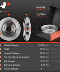Front Vented Disc Brake Rotors And Ceramic Pads Kit For Nissan Altima 2014 Through 2019 with dimensions and packaging.