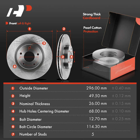 Front Vented Disc Brake Rotors And Ceramic Pads Kit For Nissan Altima 2014 Through 2019 with dimensions and packaging.