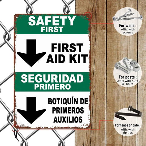 Funny First Aid Kit Metal Sign 8x12 Aluminum Wall Decor displayed with mounting options for walls, posts, and fences.