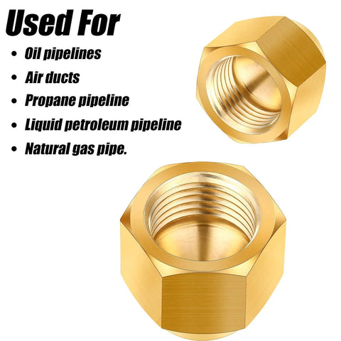 Two brass hex compression pipe cap nuts with internal threads for fittings.