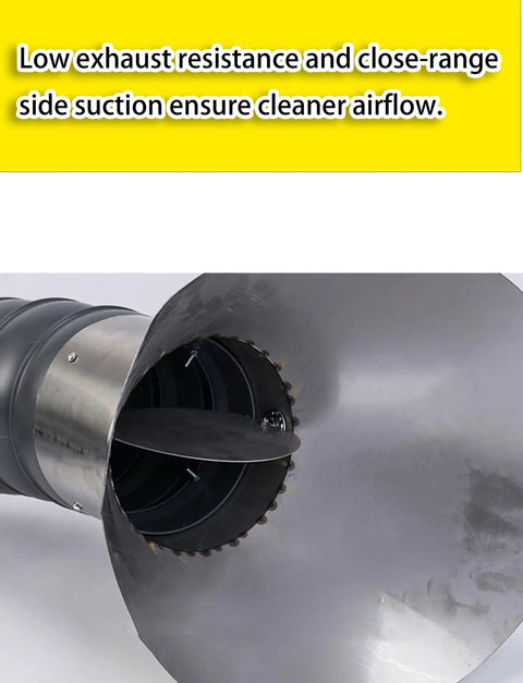 Close-up of stainless steel opening on Super Flexible Welding Fume Extractor Arm With Full Three Hundred Sixty Degree Rotation Stays Put For Smoke Dust And Fume Removal In Workshops And Labs Tough Heat Resistant Hose Six Point Three Inch Diameter Two Meter Length.