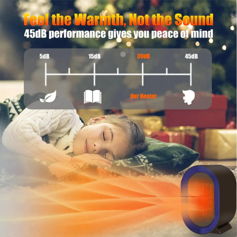 Girl asleep near Matte Purple PTC Ceramic Space Heater With Thermostat For Quick Heating; noise level chart displayed.