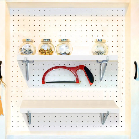 Four Pack White Fiberboard Pegboard Shelf Brackets Slick Wall Storage Organizers For Garage Or Home Office Solid Heavy Duty Peg Boards Keeping Things Neat Stain Resistant Hassle Free Setup And Ready To Roll