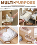 Image showcasing Super Slick Self Stick Adhesive Pull Out Cabinet Drawer Sliders With Heavy Duty Bottom Mount Rails for organizing kitchen tools and linens.