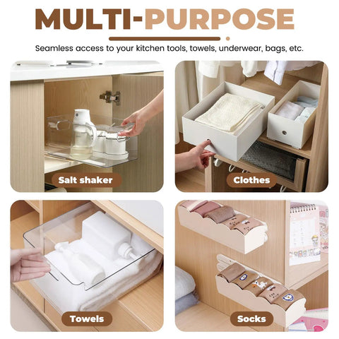 Image showcasing Super Slick Self Stick Adhesive Pull Out Cabinet Drawer Sliders With Heavy Duty Bottom Mount Rails for organizing kitchen tools and linens.