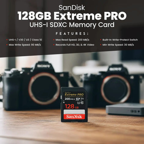 128GB Extreme Pro SDXC card from 18 50mm F2.8 DC DN Contemporary Lens For Sony E Mount Bundle, with cameras in background