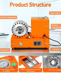 110V Electric Hydraulic Hose Crimping Machine With 8 Dies For 3/8 To 1-1/4 Inch Auto Ac Steering And Fuel Lines 0.6L Min Portable Pipe Fitting Tool For Shop Garage Work 101lbs Weight showing the 8-petal crimping head and electric hydraulic pump.