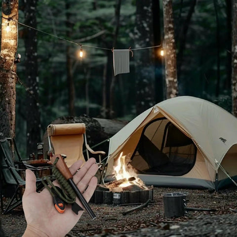 Survival Prepper Grade Fire Starter Kit With Handmade Wooden Handle Ferro Rod Three Eighths Inch Thick Striker in hand at campsite