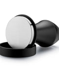45.5mm Spring Loaded Coffee Tamper V4 for Flair Pro and Pro 2 with 304 Stainless Flat Base and Black Aluminum Handle in stand