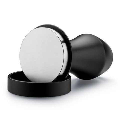 45.5mm Spring Loaded Coffee Tamper V4 for Flair Pro and Pro 2 with 304 Stainless Flat Base and Black Aluminum Handle in stand