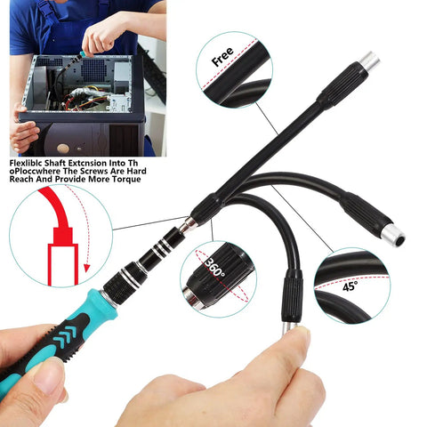 Flexible shaft extension of Magnetic 138 In 1 Precision Screwdriver Kit For Electronics Repair Do It Yourself Tech Fixes Ideal For Computer PC Cellphone Game Console Watch Eyeglasses And More Portable Mini Set With 98 Bits And 40 Tools, used for hard-to-reach screws, shown in use with a blue handle.