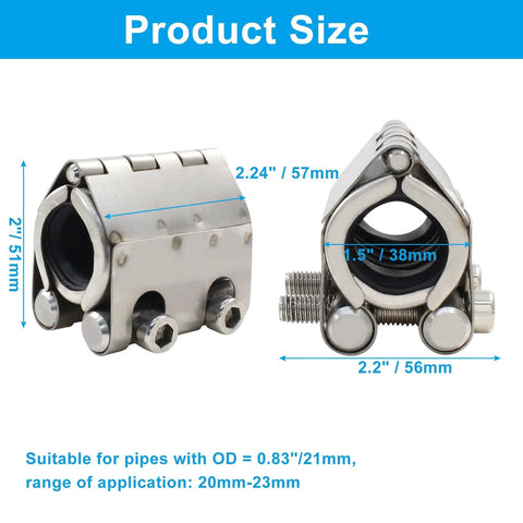 Front view of LifCratms galvanized pipe repair clamp for 20-23 mm pipes; 2.24 in long, 1.5 in bore.

Side view of LifCratms galvanized pipe repair clamp for 20-23 mm pipes; outer width 2.2 in, bore 1.5 in.