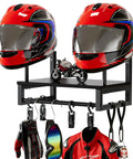 Badass Solid Wood Motorcycle Helmet Holder Wall Mounted With Four Glove Clips And Four Heavy Duty Hooks, displaying two red helmets and gloves.