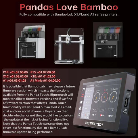 Panda Touch Upgrade Touch Screen Kit for Bambu Lab 3D Printers showcasing interface and compatibility display.