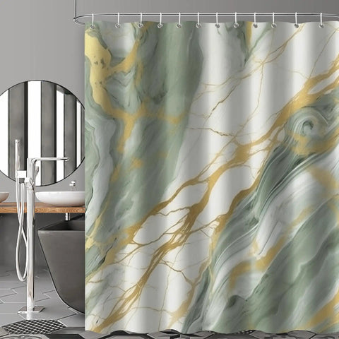 Boho Chic Green Gold Shower Curtain for Bathroom with Sage White and Light Green Marble Print Waterproof Polyester Fabric Set