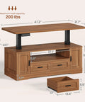 Chic 47 Inch Farmhouse Electric Lift Top Coffee Table With Storage Drawers Shelves Height Adjustable Standing Desk For Living Room dimensions and details.