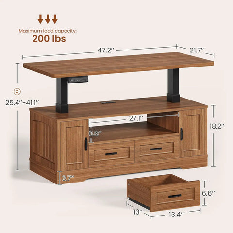 Chic 47 Inch Farmhouse Electric Lift Top Coffee Table With Storage Drawers Shelves Height Adjustable Standing Desk For Living Room dimensions and details.