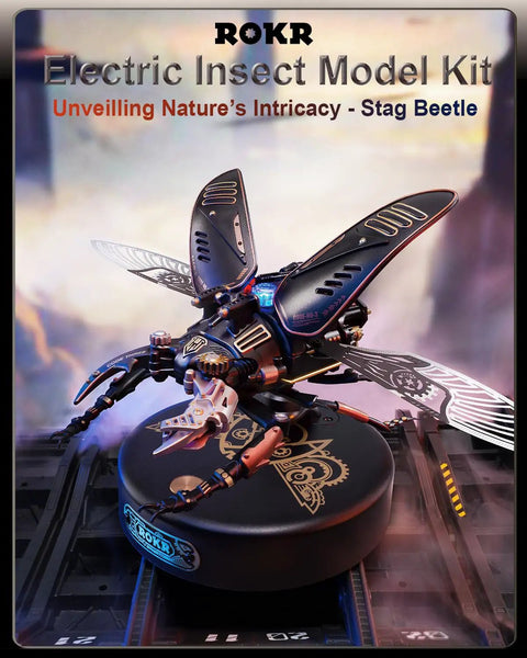 Biopunk Insect Metal Model Kit For Adults And Teens, Dope 3D Puzzle Electric Stag Beetle Desk Toy, realistic black metal beetle on display