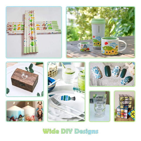 Assorted DIY designs using Clear Waterslide Decal Paper For Laser Printers, 8.5x11, 25 Sheets on various objects.