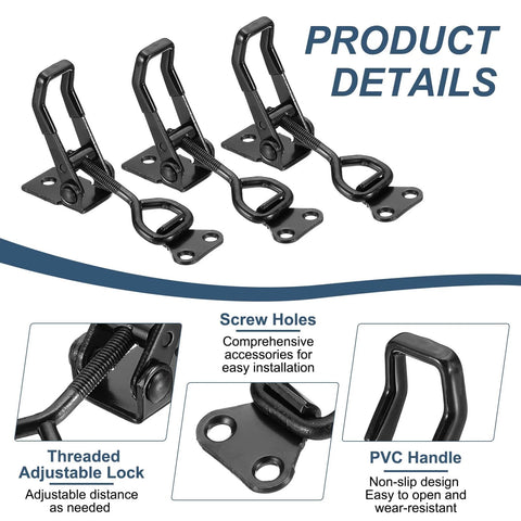 Beefy Adjustable Toggle Clamp M6 X 34mm Holds 396lbs With Quick Release Pull Latch Model 4002 showing screw holes and PVC handle