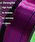 Close-up of Tri Color Coextruded PLA Filament 1.75mm for 3D printing with silk rainbow pink blue green finish, no bubbles, high purity.