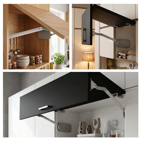 Smooth Operating Cabinet Lift Up Hinge With Hydraulic Buffer for Quiet No Squeak Opening, aluminum, wood and black cabinets