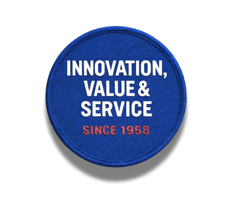 Round blue patch with text 'Innovation, Value & Service Since 1958' in white and red letters.