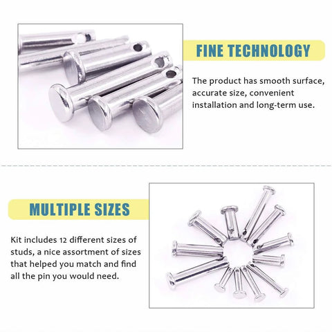 304 Stainless Steel Clevis Pins Set, Flat Head Single Hole Assortment Kit, 12 Sizes, 44 Pieces displayed in a circle