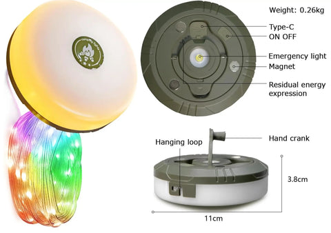 Lit All In One Camping String Lights 32.8Ft Waterproof with 8 Modes, USB-C charging, hand crank, and compact design.